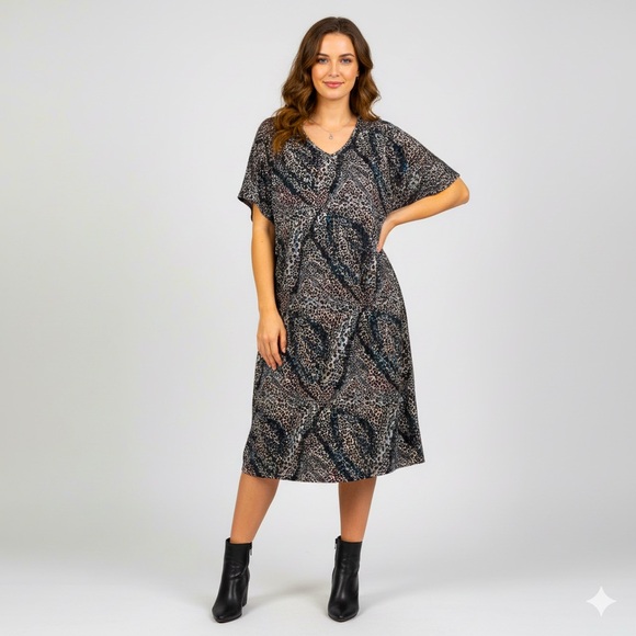 Women with Control Animal Print Dress v-neck Navy Red White Midi Dress 3X NWOT - Picture 1 of 13